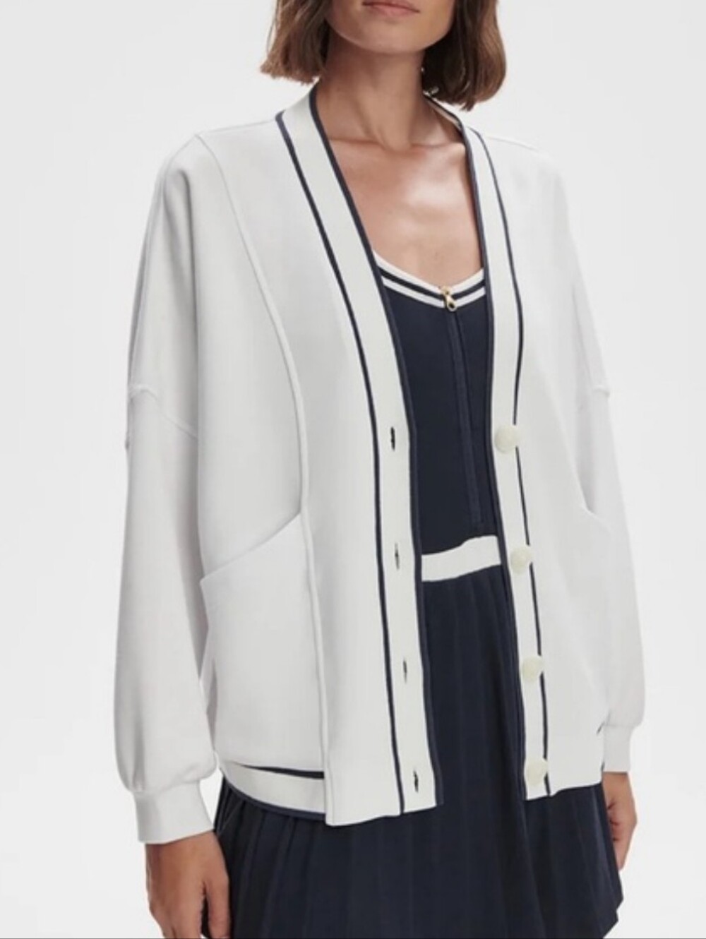 Varley Decker Off Court Cardigan In White And Navy